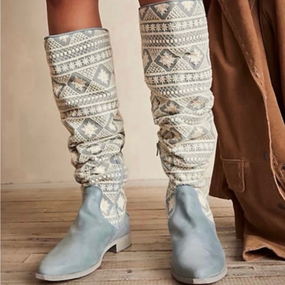 NWB Free People Bren Crochet Tall Leather Slouchy Boots in Icy Blue.Size 10